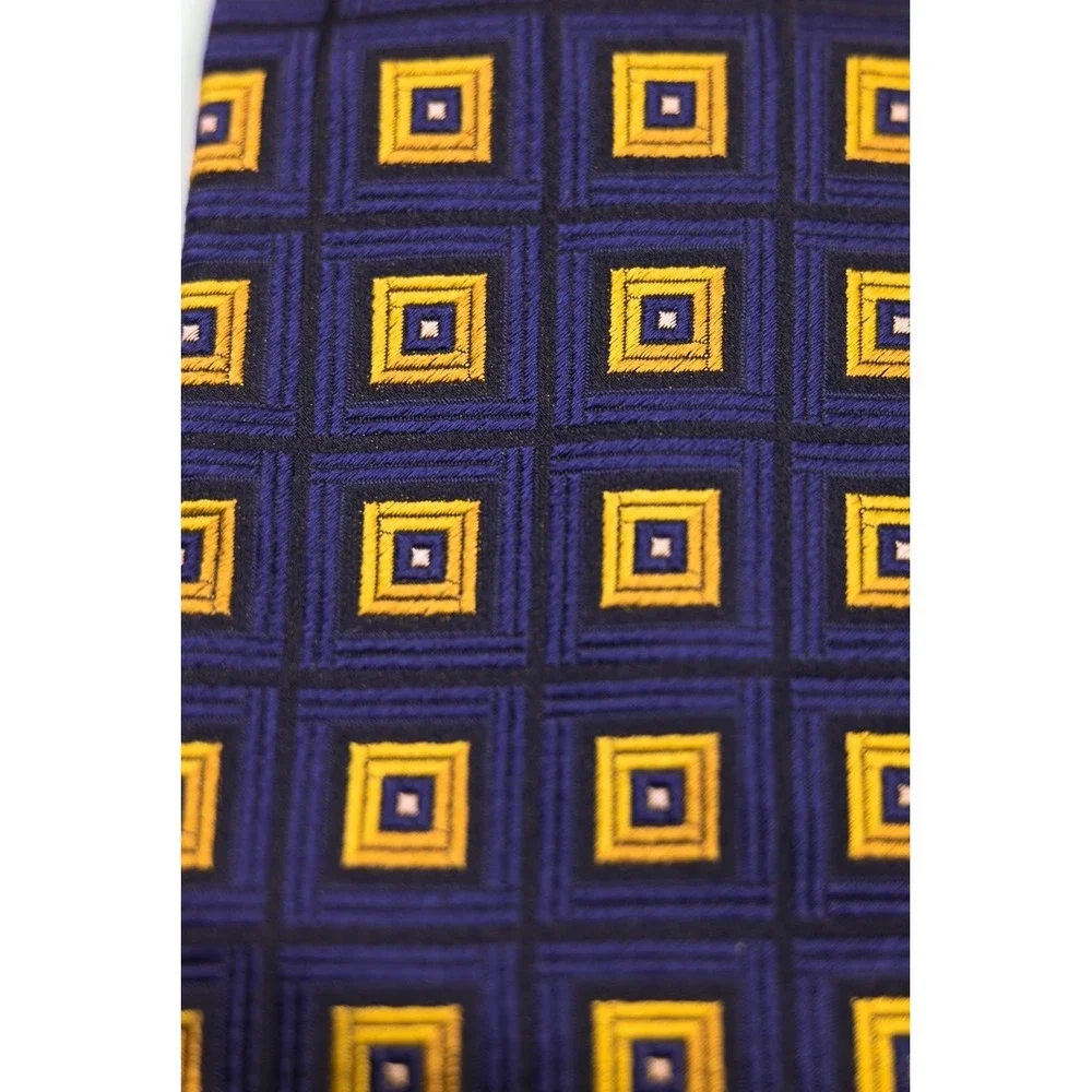 Canali Mens Silk Tie Navy Blue Gold Geometric Square Pattern Made in Italy